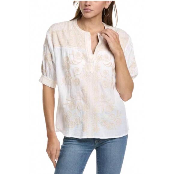 NEW JOHNNY WAS puff sleeve henley blouse in cream